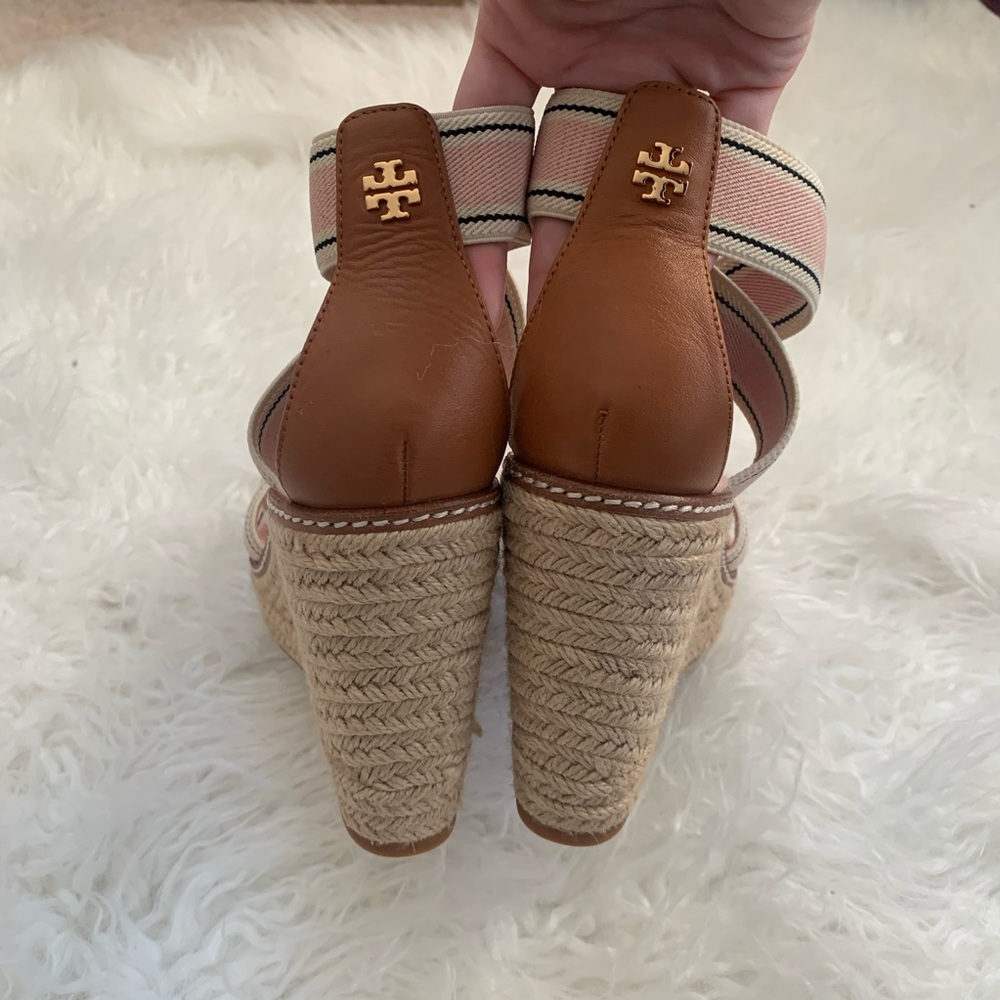 Tory Burch Frieda Pink/Tan Espadrille Wedge Sandal - Picture 8 of 9